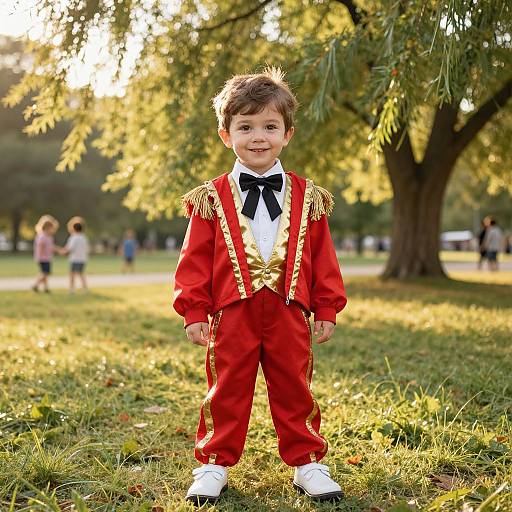 Photograph of a smiling young boy in a red, gold-trimmed tuxedo with black bow tie, white shirt, and black shoes,