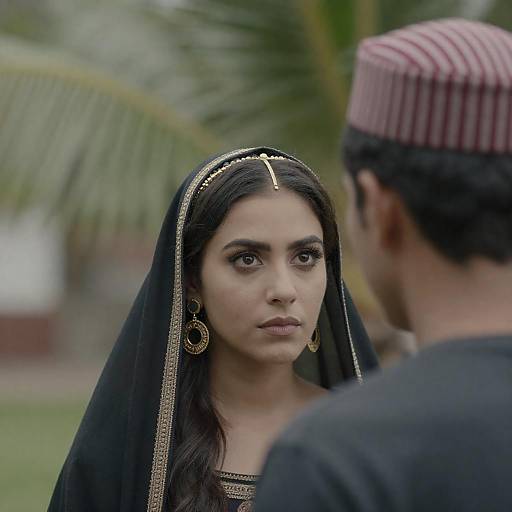 Intense Gaze Between Woman and Man in Traditional Attire