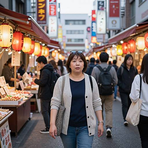 Photograph of an Asian woman with short brown hair, wearing a white cardigan and blue jeans, walking through a bustling evening street market in Japan,