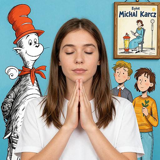 Photograph of a young woman with closed eyes, hands in prayer, surrounded by illustrations of 