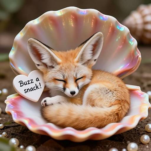 Photorealistic digital art of a sleepy, orange-furred fox kitten with closed eyes, curled up in a multicolored, iridescent shell