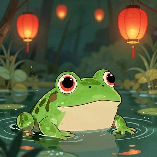 Cartoon green frog with large red eyes, sitting in a pond at night, surrounded by glowing red lanterns, and dark foliage.