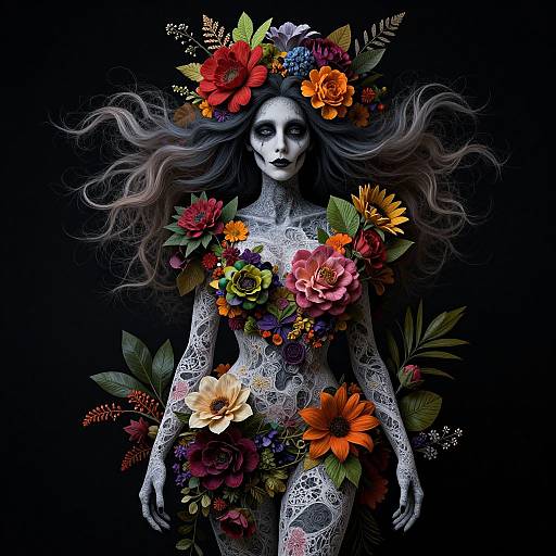 Digital artwork of a grey-skinned, flower-crowned, lace-patterned woman adorned with vibrant, colorful flowers against a black background. Her long,