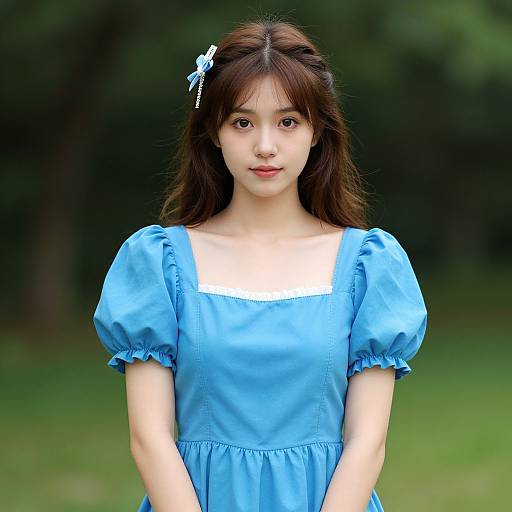 Photograph of a young Asian woman with long brown hair, wearing a blue puffed-sleeve dress, white square neckline, and a blue hair