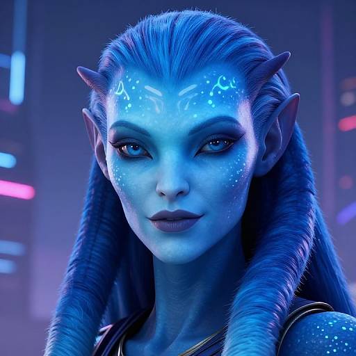 Photorealistic CGI of a blue-skinned, elven alien woman with glowing forehead markings, pointed ears, and long, slicked-back hair,