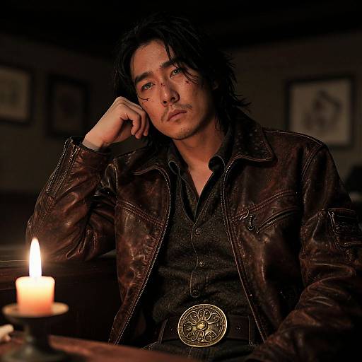 Photograph of a pensive Asian man with messy black hair, wearing a dark leather jacket and black shirt, illuminated by a candlelight, with a