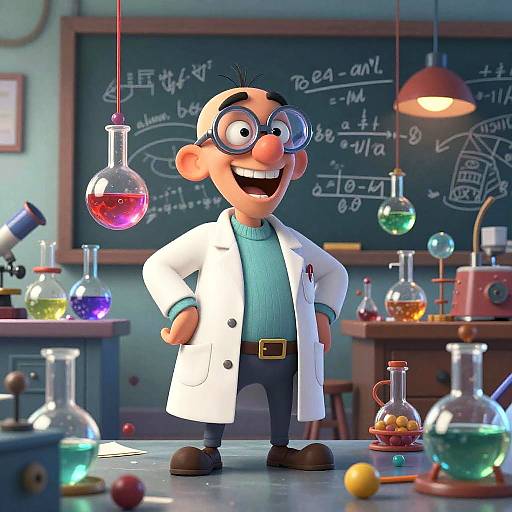 CGI cartoon of a happy, bald scientist with large glasses, white lab coat, and blue shirt, standing in a colorful chemistry lab with various be