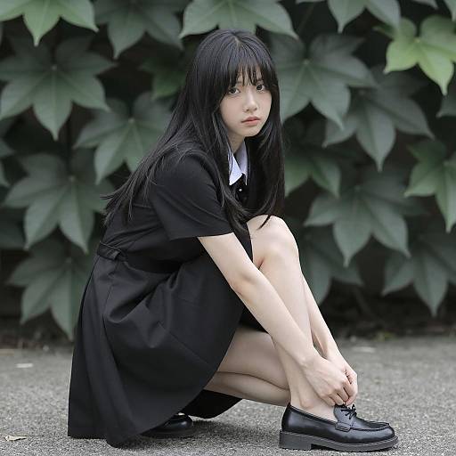 Asian Woman Squatting in Nature