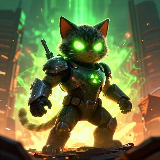 CGI image of a glowing green-eyed, armored cat with robotic limbs standing confidently in a fiery, futuristic background.