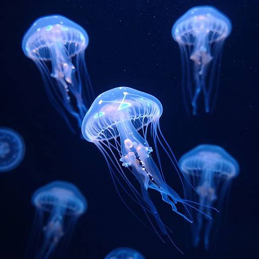 Photograph of glowing blue jellyfish with translucent, flowing tentacles floating in a dark, star-speckled ocean background.