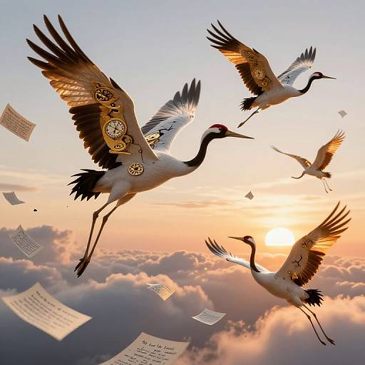 Photograph of four cranes with gold clock designs on their wings flying against a sunset sky, surrounded by floating papers.