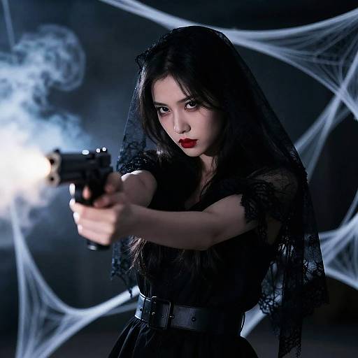 Dramatic Woman in Veil Firing Gun