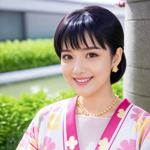 Young Woman in Traditional Kimono Smiling Outdoors