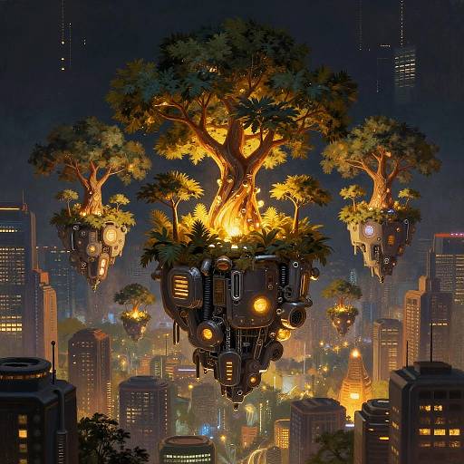 Futuristic Cyber Trees in Cityscape