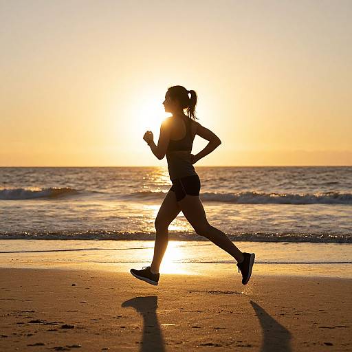 Silhouette of a woman jogging on a beach at sunset, wearing a sports bra and shorts, with ocean waves in the background.