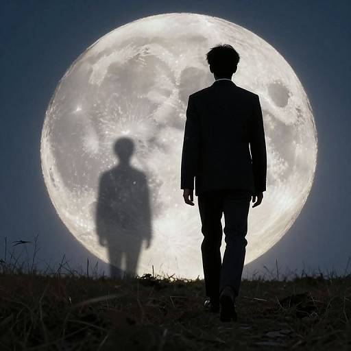 Silhouetted man in suit walks toward enormous, bright full moon, casting shadow on grassy ground; photograph captures eerie, night-time scene.