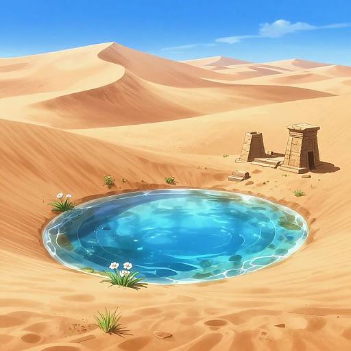 Digital illustration of a bright blue, circular oasis pool in a sandy desert with two ancient stone pillars and small plants.