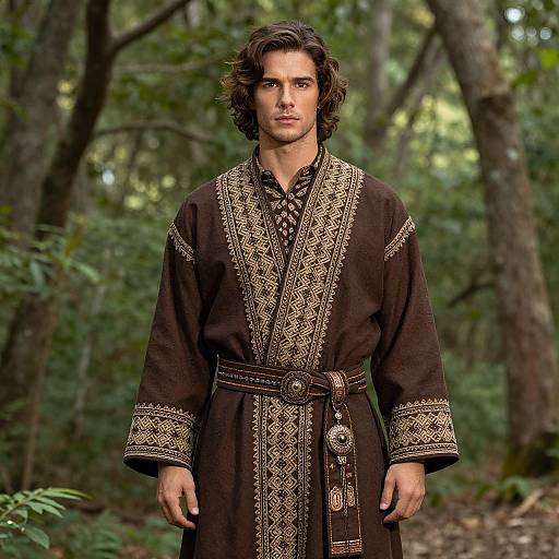 Photograph of a young man with wavy brown hair, wearing an ornate dark brown robe with gold embroidery, standing in a lush forest.