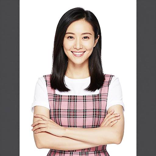 Photograph of smiling Asian woman with straight black hair, wearing a pink plaid dress over a white shirt, arms crossed, white background.