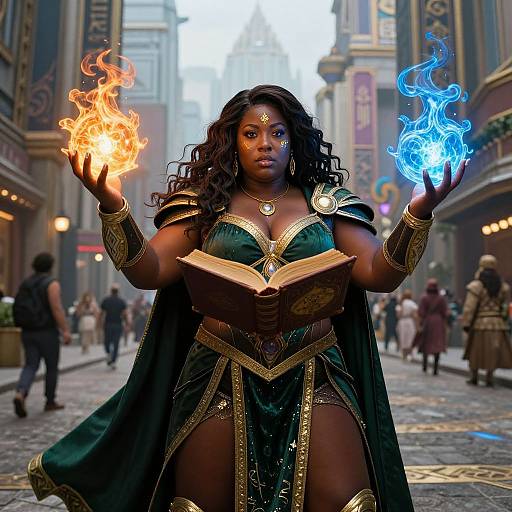 Digital art of a dark-skinned, curvy woman with long black hair, wearing green and gold medieval armor, conjuring fire and ice, standing