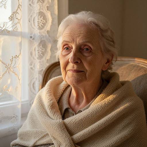 Photograph of an elderly woman with wrinkled skin, white hair, and warm smile, wrapped in a beige blanket, sunlight filtering through lace curtains in