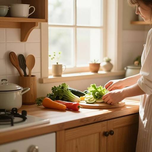 Photograph of a sunlit kitchen: Woman in white shirt slicing cucumbers on wooden countertop, surrounded by carrots, bell peppers, and herbs