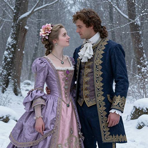Photograph of a romantic winter scene: a fair-skinned woman in a lavender, lace-trimmed dress, flower in hair, gazes at