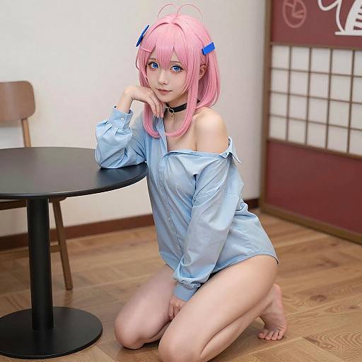 Pink-Haired Anime Girl Kneeling