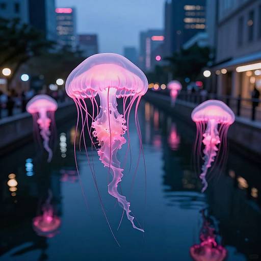 Glowing Jellyfish Over Urban Waterway