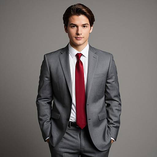 Young Man in Grey Suit with Red Tie