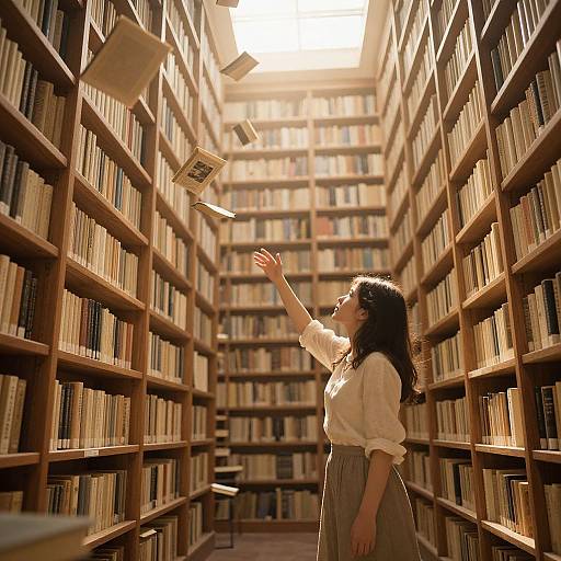 Photograph of a young woman with dark hair and pale skin, wearing a white blouse and gray skirt, reaching for a book on high library shelves bath