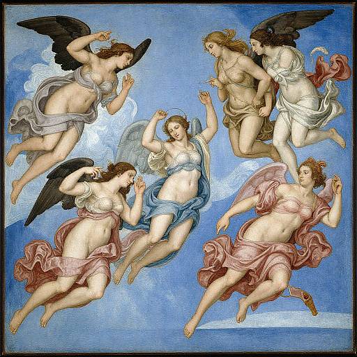 Renaissance painting of five winged, partially nude female figures with varying hair colors and drapery, floating against a blue background.