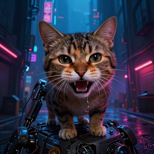Neon-lit urban alleyway photograph of a fierce, wide-eyed, tabby cat standing on a robotic arm, with glowing pink and blue lights