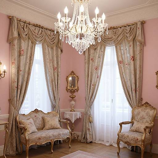 Elegant Victorian-style living room with pink walls, ornate chandelier, floral-patterned curtains, gold-framed mirror, and two upholstered arm