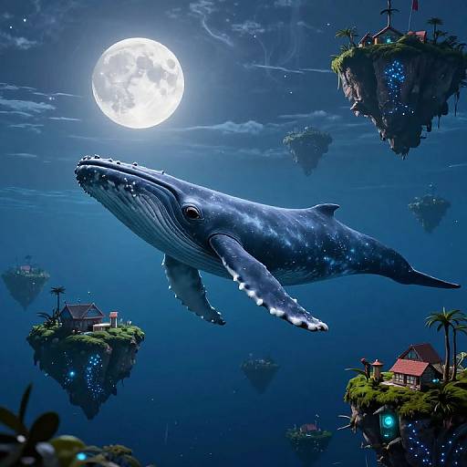 Digital fantasy art: A massive blue whale swims beneath a glowing full moon, surrounded by floating islands with houses and palm trees.