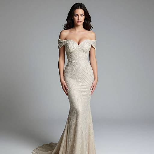 Photograph of a stunning woman with dark hair, wearing an off-shoulder, white, sequined, form-fitting mermaid gown, standing