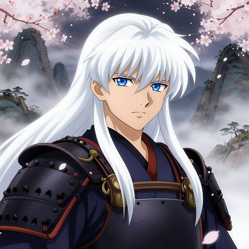 Digital anime-style artwork of a stern-faced, white-haired, blue-eyed samurai with black armor, standing before a misty, cherry blossom-filled landscape