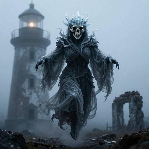 Sinister Wraith with Crystalline Skull in Foggy Lighthouse Ruins