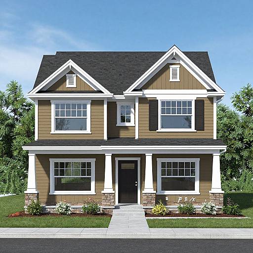 Photograph of a two-story suburban house with brown siding, white trim, black roof, and a black front door, set against a clear blue sky