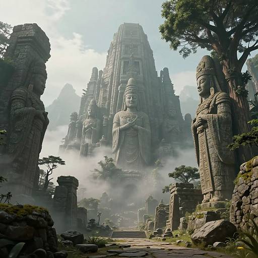 Photorealistic CGI of a misty, ancient temple complex with towering stone statues, intricate carvings, and lush greenery, bathed in