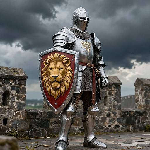 Photorealistic digital image of a knight in shiny silver armor, holding a lion-faced shield, standing on a stormy, ruined stone wall.