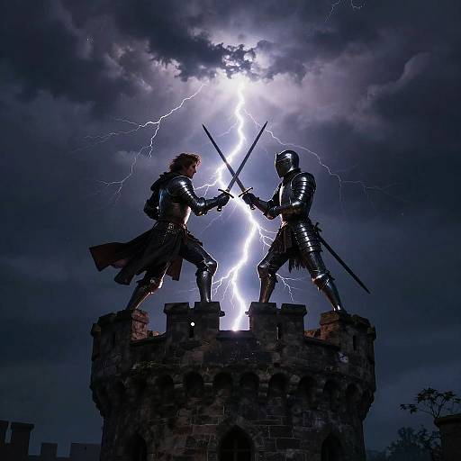 Silhouetted medieval warriors duel with crossed swords under a bright lightning bolt, standing on a stone tower against a stormy sky.