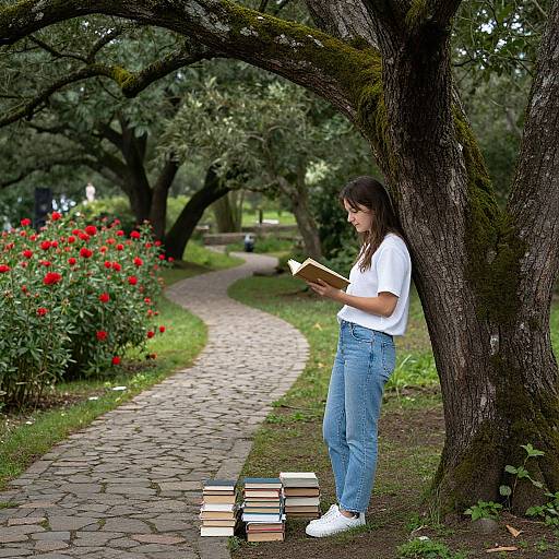 Photograph of a young woman with long brown hair, wearing a white shirt and blue jeans, reading a book under a tree in a park with a