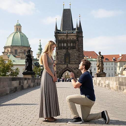 Photograph: Man on one knee, proposing to a woman in a striped dress, in front of Prague's Old Town Square with Charles Bridge and St