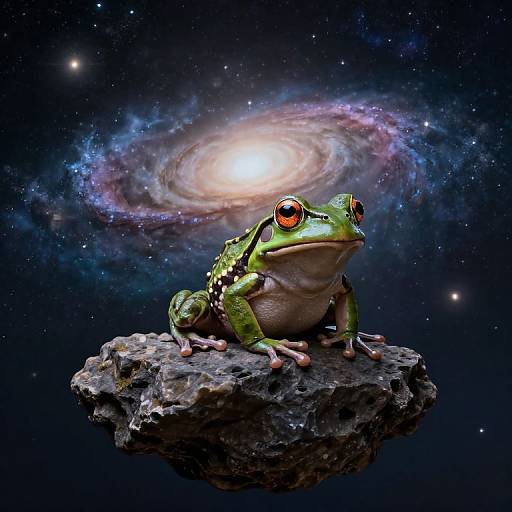 Digital artwork of a green frog with red eyes, perched on a rocky asteroid, gazing at a glowing, spiral galaxy in a starry cosmos