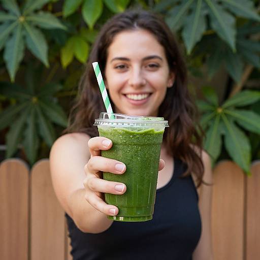 Smiling woman with long dark hair, wearing a black tank top, holding a green smoothie with a white straw, against a wooden fence and lush