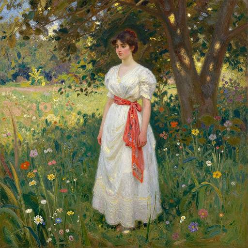 Oil painting of a fair-skinned woman with dark hair, wearing a white dress with a red sash, standing in a sunlit, floral me