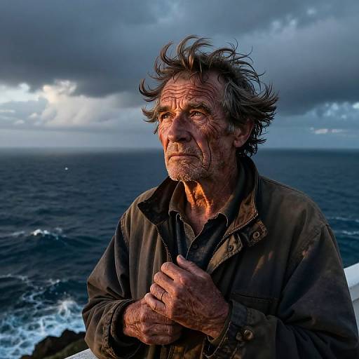 Photograph of a weathered, middle-aged man with tousled gray hair, deep lines, and sunlit face, standing by a stormy ocean