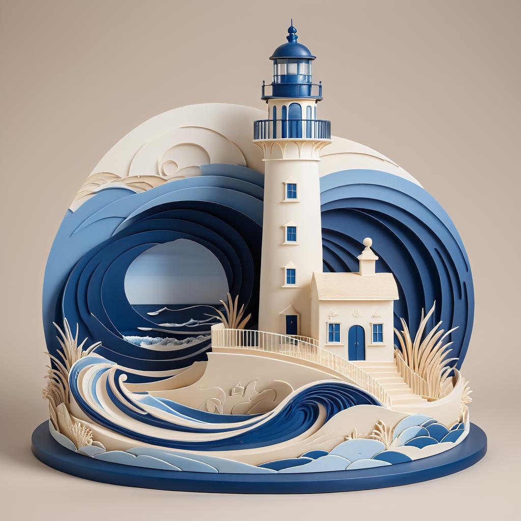 Serene Coastal 3D Sculpture with Lighthouse