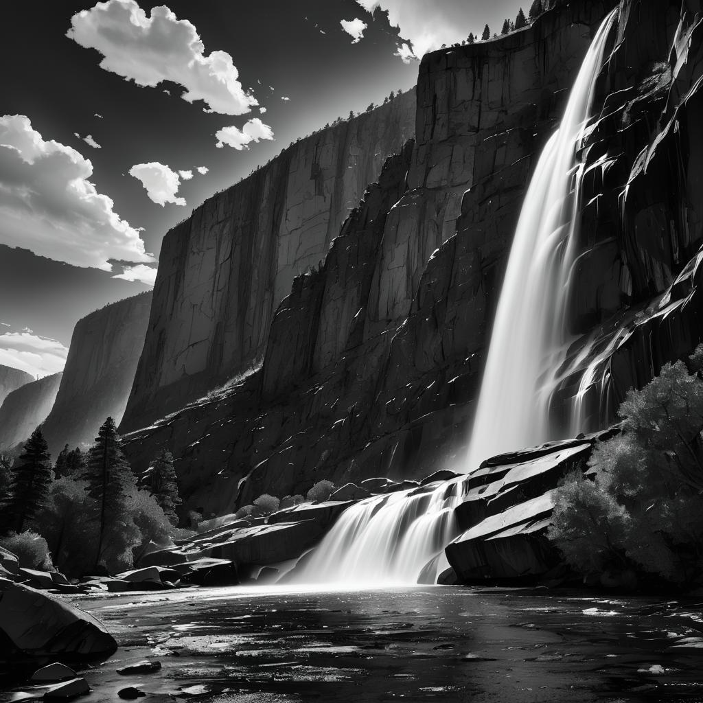 Dramatic Black-and-White Waterfall Gorge